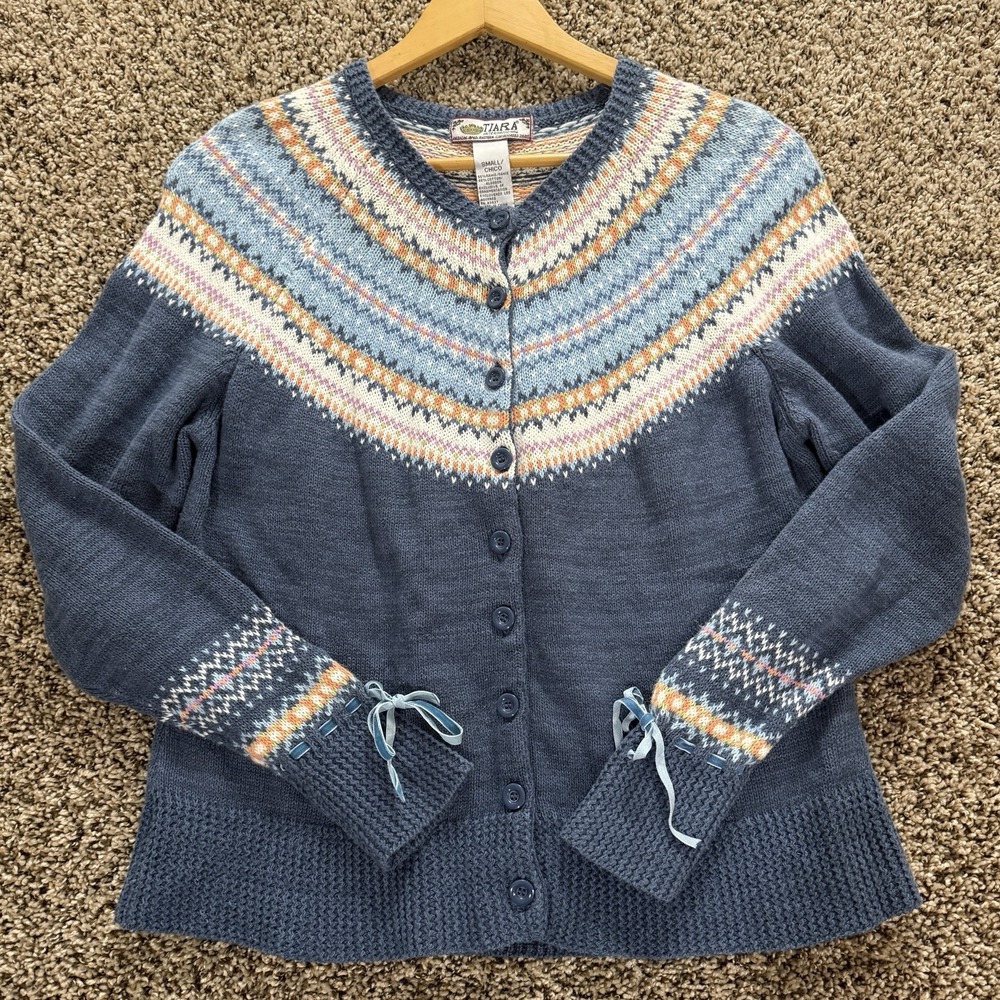 VTG Tiara International Nordic Fair Isle Cardigan Knit Sweater Womens Small Bows